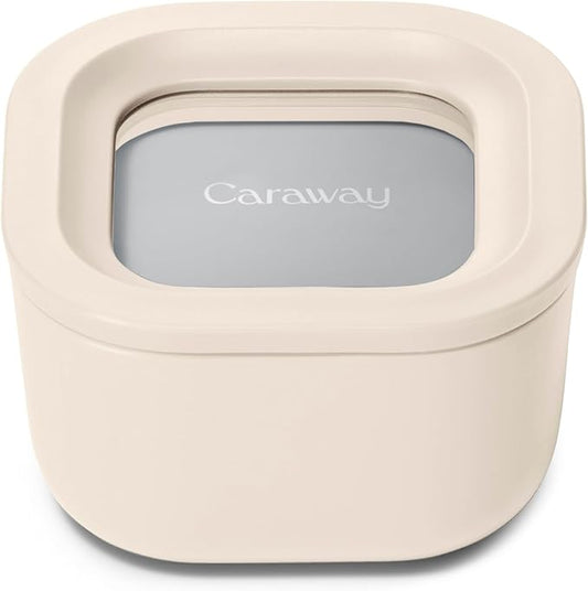 Caraway Mini Square Food Storage Container - 1.75 Cup Glass Storage Container for Food - Non-Toxic Ceramic-Coated Glass - Air Release Technology - Compact & Stackable Design - Cream