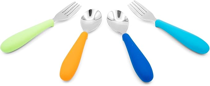 Eat with Me Spoon and Fork Set – Toddler Utensils with Easy-Grip Silicone Handles – Kid-Sized & Safe Stainless Silverware – Promotes Independent Eating – Dishwasher Safe (Ocean)