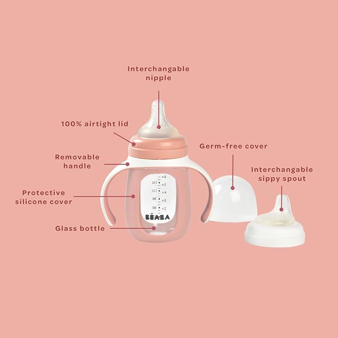 BEABA 2-in-1 Glass Baby Bottle to Glass Transition Sippy Cup, Spill Proof Sippy Cup, Toddler Baby Bottle with Soft Silicone Nipple and Spout, 7 oz (Sage)