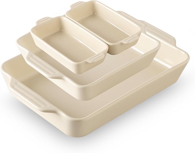 Sweejar Ceramic Bakeware Set of 4, Casserole Dishes for Oven, Rectangular Baking Dish with Handles, Lasagna Pans Deep for Cooking, Gratin, Roasting, Banquet and Daily Use (Beige)