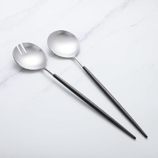 Salad Servers,Spoon and Fork Set 11.41 inch,18/10 Stainless Steel Salad Serving Titanium Plating (black silver)
