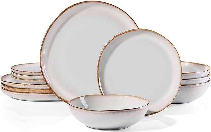 Herogo Stoneware Dinnerware Sets, 12 Piece Dinner Dishes Set for 4, Ceramic Plates and Bowls Dishware, Tableware Includes Dinner Salad Plates, Soup Bowls, Microwave & Dishwasher Safe, Pearl White