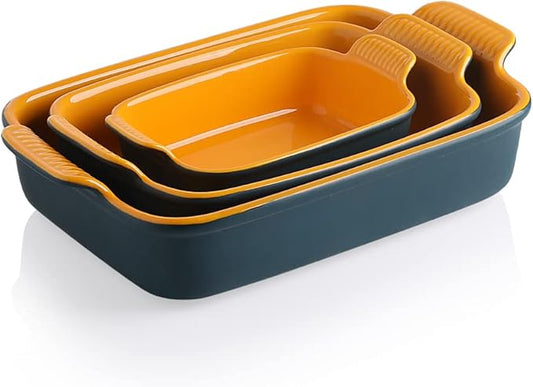 Sweejar Baking Pans Set, Ceramic 9x13 Baking Dish with Handle, Rectangular Casserole Dishes for Oven, Bakeware Sets of 3, Durable Lasagna Pan Deep for Kitchen, Banquet, Wedding Gift(Blue & Yellow)
