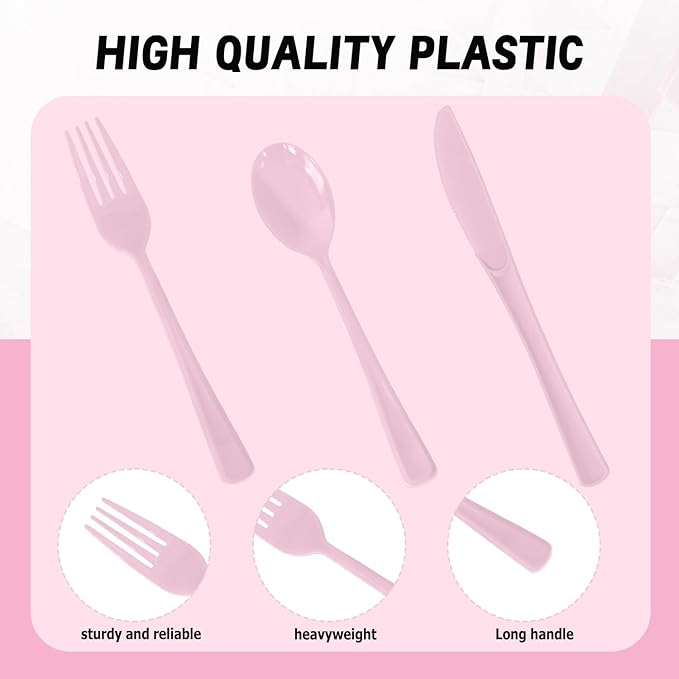 300 Pack Disposable Plastic Silverware, Heavy Duty Pink Plastic Cutlery Set Includes 100 Forks 100 Knives 100 Spoons for Birthday Wedding Party Picnics (300, Pink)
