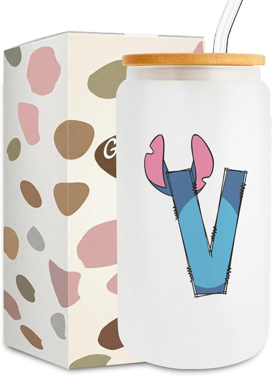 Cute Cartoon Lover Gifts Initial A-Z Personalized Iced Coffee Cup Cartoon Merch 16oz Glass Cup with Lid and Straws Birthday Christmas Gifts for Women Teen Girls Fans (Letter V)