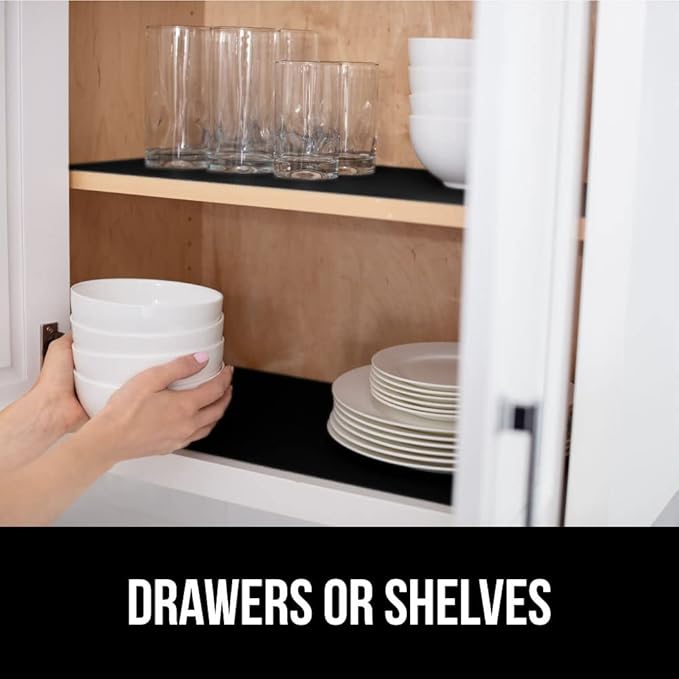 GORILLA GRIP Slip Resistant Drawer and Shelf Liner 2 Pack, Non Adhesive Water Resistant, Easy Clean and Trim, Smooth Surface Liners for Kitchen Cabinet, Shelves, Drawers, Pantry, 20 in x 20 FT, Black