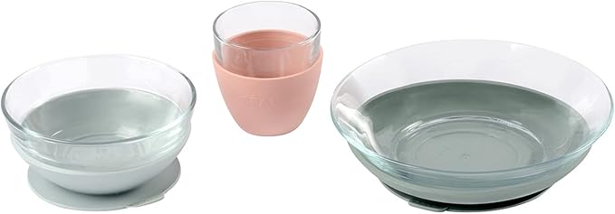 BEABA 3-Piece Glass Meal Set with Suction Pads, Toddler Plate and Baby Bowls with Suction, Non Slip Kids Dinnerware Set, 2.5x Stronger than Regular Glass, Eucalyptus