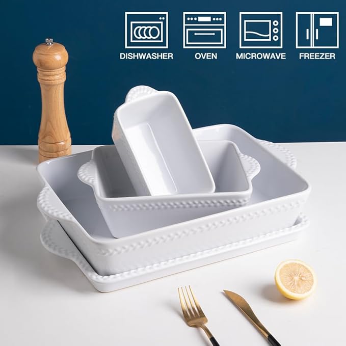 Sweejar Ceramic Baking Dish Lasagna Pans with Trivet, Rectangular Bakeware for Cooking, Kitchen, Cake Dinner, Banquet, 15.3x 9.6 x 2.8 Inches of Casserole Dishes（White）