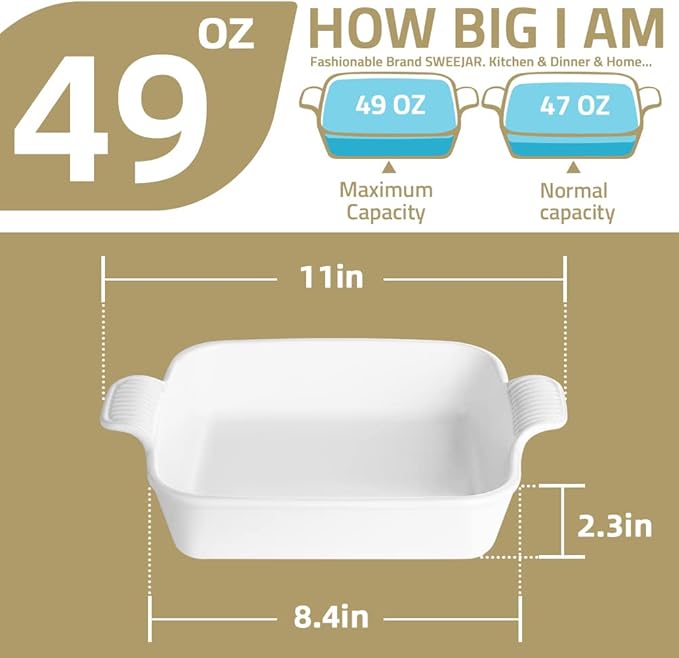 Sweejar Ceramic Baking Dish, 8 x 8 Cake Baking Pan for Brownie, Porcelain Square Bakeware with Double Handle for Casserole, Lasagna, Family Dinner (Beige)