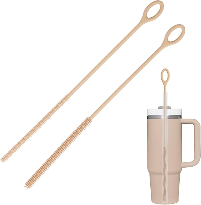 Silicone Straw Cleaner Brush, 2Pcs Reusable Straw Brush Extra Long for Cleaning Tumbler with Handle and Glass Metal Smoothie Straws, Non-slip Handle Soft and Bendable, 6mm+9mm (Khaki)