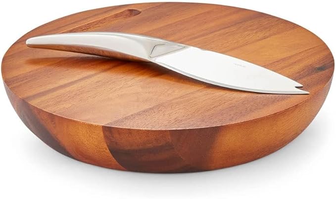 Nambé Harmony Cheese Board with Knife – 12-Inch Acacia Wood Serving Board with Stainless Steel Knife – Elegant Cheese Platter & Charcuterie Set for Entertaining, Appetizers & Dining Décor