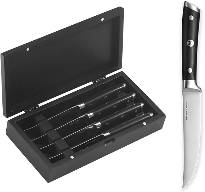 Master Maison 4-Piece 5" Ultra Premium Steak Knife Set | 4 German Non-Serrated Stainless Steel Kitchen Steak Knives + Wood Chef Gift Box | Anti-Fatigue Ergonomic Full-Tang Triple-Riveted Handle, Black