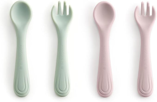 Bc Babycare Portable 4 Pack Baby & Toddler Self Feeding Fork and Spoon Set with Storage Case, BPA-Free Silicone Utensils for Boys and Girls, Safe & Easy to Carry, Green & Pink