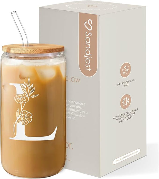 SANDJEST Monogrammed Gifts for Women - Monogram L Initial Glass Cup 16 Oz Can Coffee Cups with Lid and Straw - Monogram Initials Gifts for Womens on Birthday