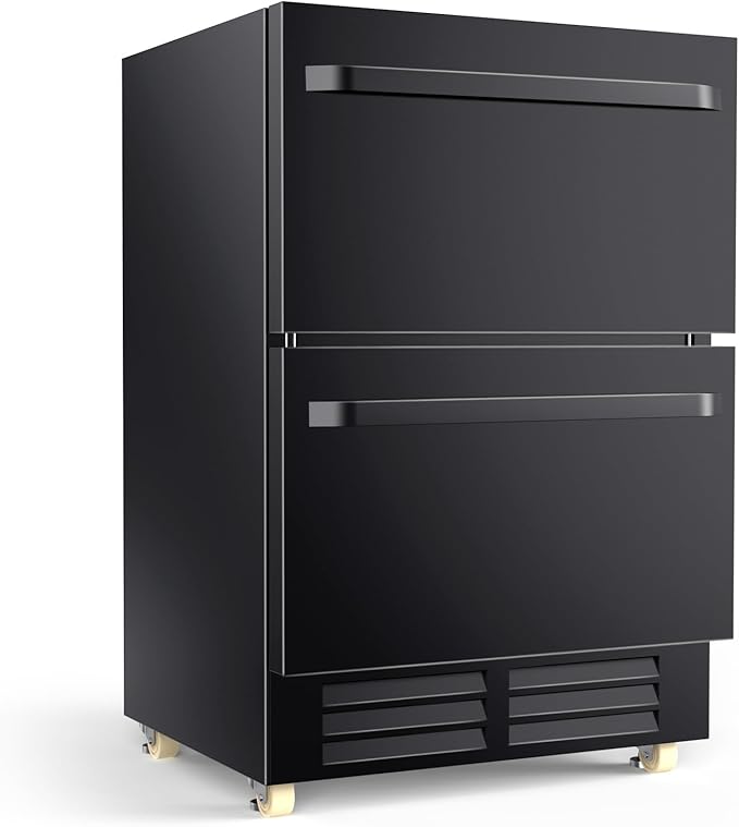 24 Inch Outdoor Refrigerator for Patio with Wheels-Under Counter Dual Drawer Beverage fridge with Stainless Steel Door, Built-In/Freestanding Drink Cooler for Outdoor/Indoor, Weatherproof, Black