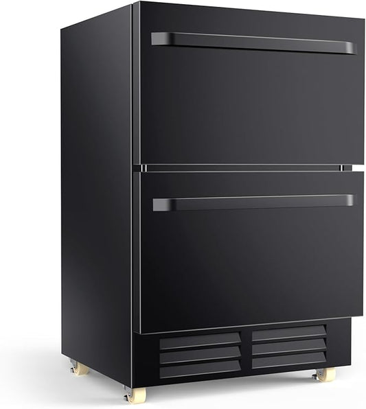 24 Inch Outdoor Refrigerator for Patio with Wheels-Under Counter Dual Drawer Beverage fridge with Stainless Steel Door, Built-In/Freestanding Drink Cooler for Outdoor/Indoor, Weatherproof, Black