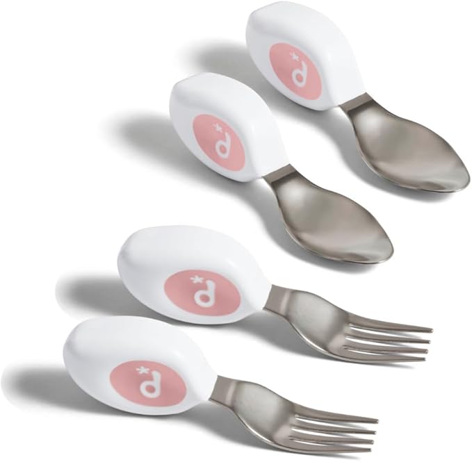 doddl Toddler Utensils, Ergonomic Fork and Spoon Set for Self Feeding, Stainless Steel Silverware for 1-3 Year Olds, BPA Free, Dishwasher Safe (Dusky Rose (Twin Pack))