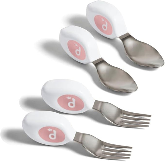 doddl Toddler Utensils, Ergonomic Fork and Spoon Set for Self Feeding, Stainless Steel Silverware for 1-3 Year Olds, BPA Free, Dishwasher Safe (Dusky Rose (Twin Pack))