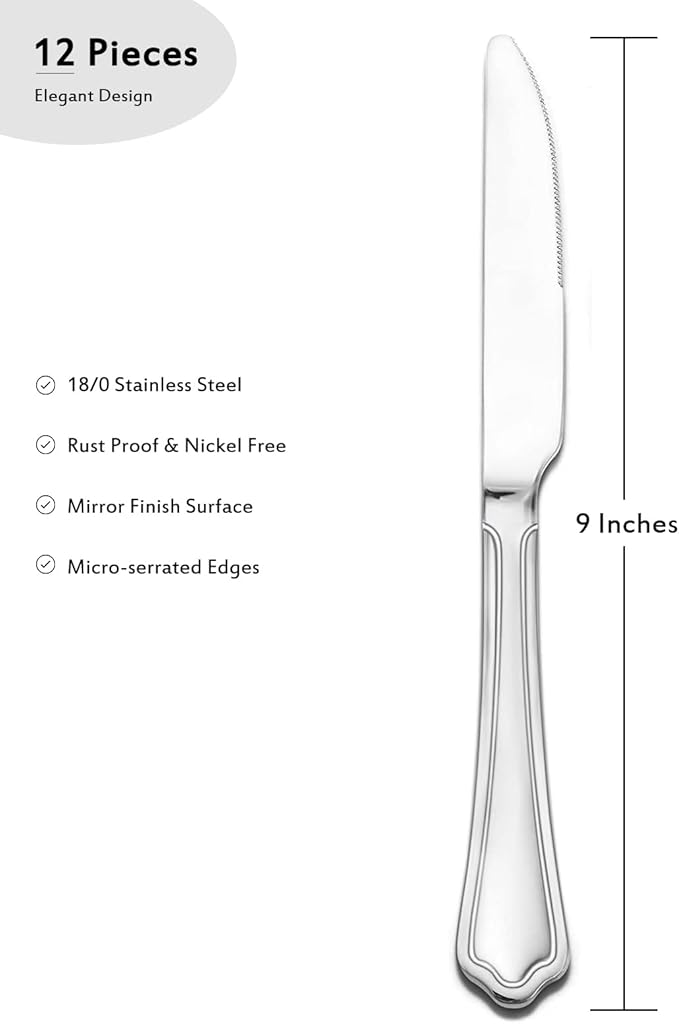 E-far Dinner Knives Set of 12, 9 Inch Stainless Steel Serrated Steak Butter Knife for Home Kitchen Restaurant, Scalloped Edge & Non-toxic - Dishwasher Safe