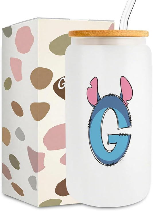 Cute Cartoon Lover Gifts Initial A-Z Personalized Iced Coffee Cup Cartoon Merch 16oz Glass Cup with Lid and Straws Birthday Christmas Gifts for Women Teen Girls Fans (Letter G)