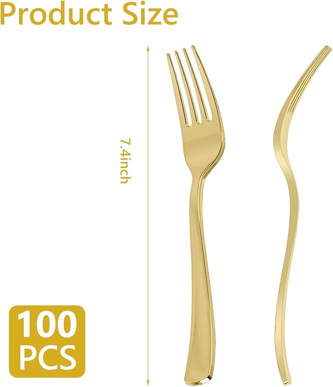 N9R 100PCS Gold Plastic Forks, Solid, Durable and Heavy Duty Gold Plastic Forks Disposable, Perfect Utensils for Parties, Weddings, Thanksgiving, Picnics, Christmas and Daily Use