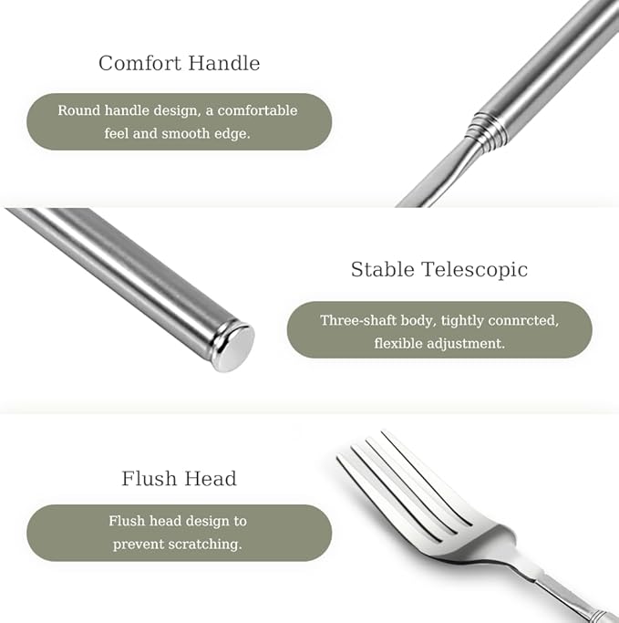 Extendable Fork - 8.7 to 25.4 Inch Long, Telescopic & Retractable for BBQ, Dinner, Fruit & Dessert - Sturdy Stainless Steel (2 Pcs)