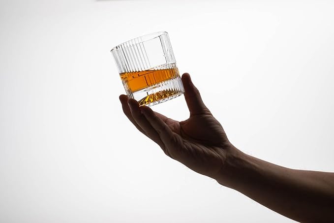 10oz Old Fashioned Whiskey Glasses Set | Lead-Free Crystal, Heavy Base, Rock Glass with Elegant Tile Design, 4-Piece Set for Scotch & Cocktails