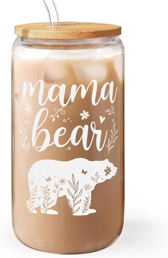 Mom Gifts - Mama Bear 16 Oz Can Glass Tumbler with Bamboo Lid and Straw - Iced Coffee Cups for Women, Aesthetic Glass Cup Gift for Birthday Christmas Mother's Day