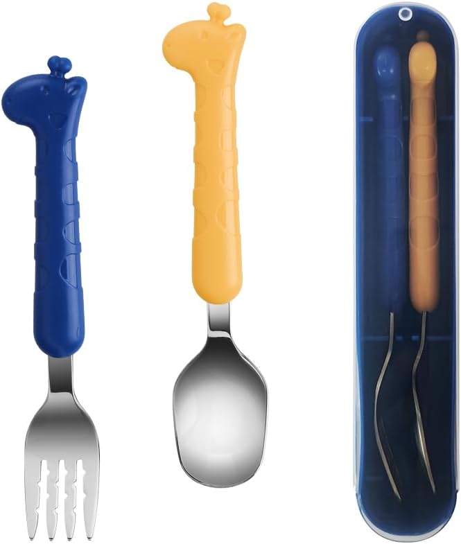 Stainless Steel Kid Silverware Set with Carrying Case, Safe Toddler Spoon and Fork Set for 1+, Ideal On-The-Go Toddler Utensil Set for School Lunch, Travel, & Outdoors, Dishwasher Safe(BLUE)
