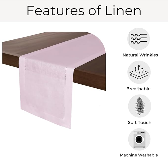 D'Moksha Homes Linen Pastel Pink Table Runner 120 Inches Long - 100% Pure Linen Hemstitch 14 x 120 Inch Table Runner for Dining, Winter, Holiday, New Year - Classic Hemstitch