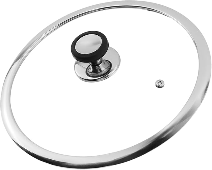 Woogim Universal Cookware Lid with Stainless Steel Wide Edge 10.5 Inch,4mm Tempered Glass Cover with Steam Vent,Dishwasher Safe and Oven up to 480℉,for Frying Pans,Sauce Pots & Woks