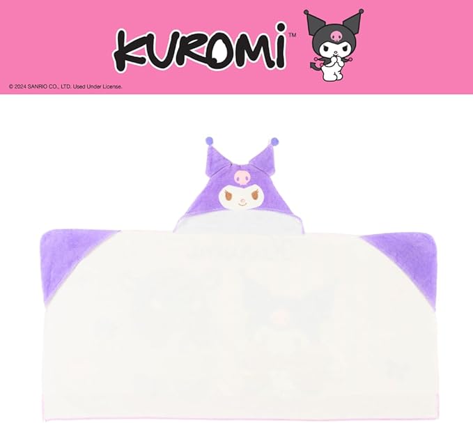 Sanrio Kuromi Kids Super Soft Bath/Pool/Beach Soft Cotton Terry Hooded Towel Wrap, 24 in x 50 in, (Officially Licensed Product) by Franco