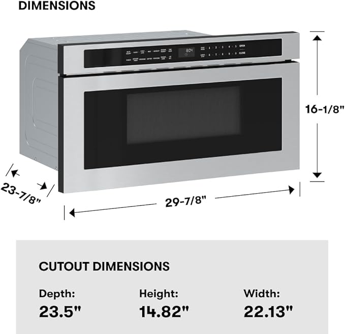 Zephyr 30 inch Built In Drawer Microwave Oven Under Cabinet - Integrated, Wall Mount, Under Counter Pull Out Microwave Drawer 1.2 cu ft, Preset Cooking Options, Easy Clean Coating, 1000W