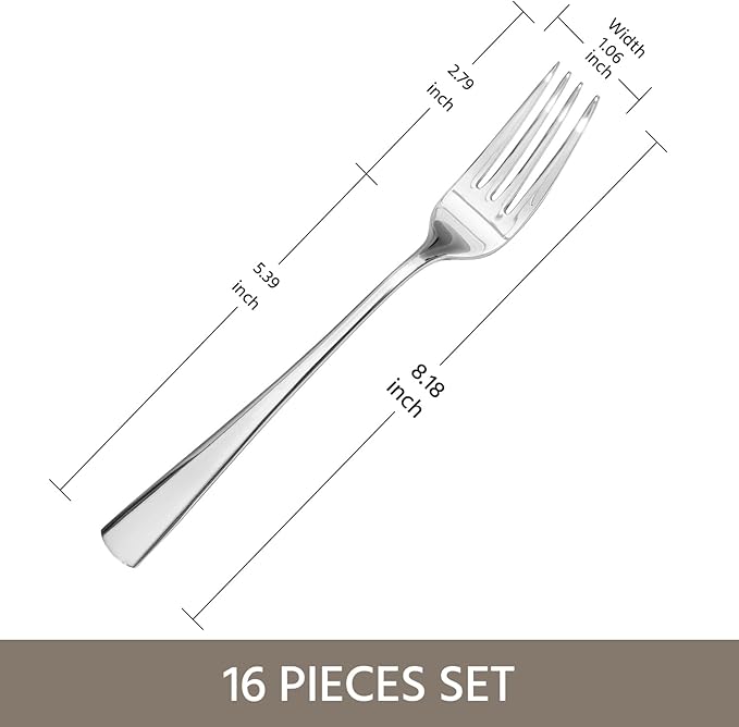 KINGSTONE 16 Piece Dinner Forks Set, 18/10 Stainless Steel Forks, Silver Food Grade Fork Set of 16, Metal Forks for Home, Kitchen, Weddings, Parties or Restaurant, Dishwasher Safe-8.18inches