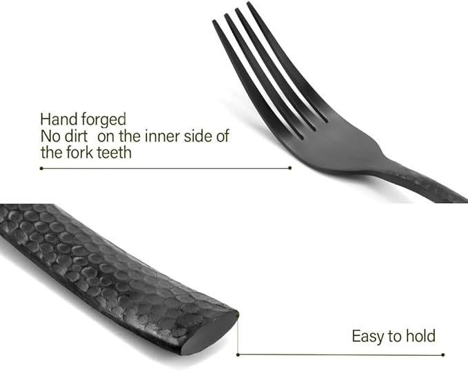 Silverware Set Flatware Set Matte Black Stainless Steel Forged Hammered Cutlery Set Heavy 60 Pieces Service for 12