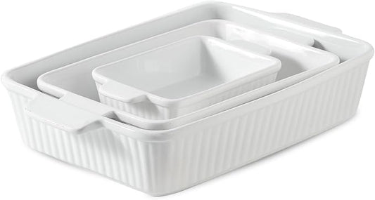 Hasense Rectangular Casserole Dishes for Oven, Ceramic Baking Dish, Baking Pans Set of 3, Lasagna Pan with Handle, Microwave & Dishwasher Safe, Wedding Mother's Day Gift, White(15"/12.2''/8.3'')