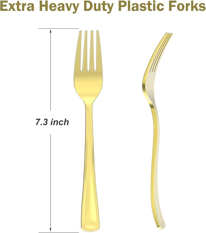100 Count Heavy Duty Gold Plastic Forks Disposable, BPA-Free, Heat Resistant, Solid and Durable Premium Plastic Disposable Forks for Party Supply