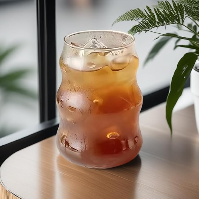 Ribbed Glass Cup 18 Oz Vintage Drinking Glassware Creative Ripple Glasses for Iced Coffee Juice Beverage Milk Cups Cute Wavy Glass Cups