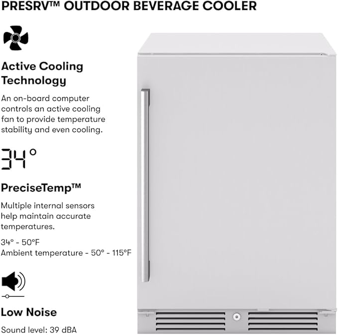 Zephyr Presrv 24 Inch Outdoor Wine Fridge & Beverage Refrigerator Single Zone Under Counter - Drink Chiller Freestanding Stainless Steel Door - 136 cans (Single-Zone Outdoor Wine & Beverage Cooler)