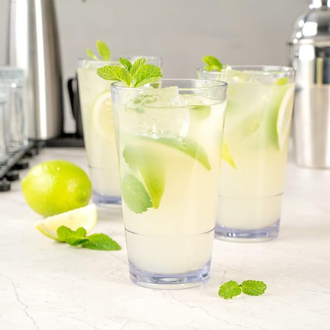 Bev Tek 14 Ounce Plastic Drinking Glasses, 12 Reusable Plastic Cocktail Cups - Shatterproof, Clear Plastic Highball Glasses, Dishwashable, Stackable - Restaurantware