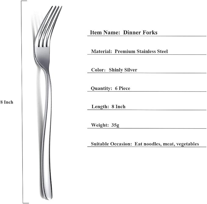 Stainless Steel Dinner Forks Set, 6 Piece - Silverware for Home, Kitchen or Restaurant, Dishwasher Safe (Silver-8 Inch)