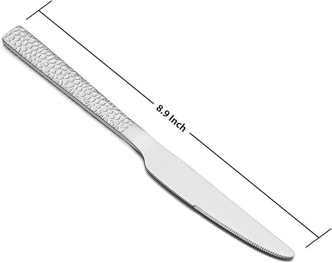 E-far Hammered Dinner Knives Set of 12, 8.9 Inch Stainless Steel Serrated Steak Butter Knife for Home Kitchen Restaurant, Modern Design & Square Edge, Mirror Finish & Dishwasher Safe