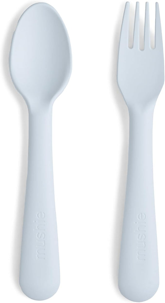 mushie Flatware Fork and Spoon Set For Kids | Made in Denmark (Powder Blue)