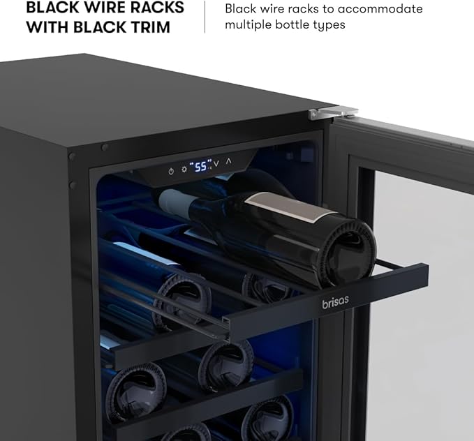 Zephyr Brisas 15 Inch Slim Wine Fridge Single Zone Under Counter - Narrow Mini Wine Cooler Small Cabinet Wine Refrigerator Home Bar Freestanding with Glass Door - 28 x 750ml Bottles