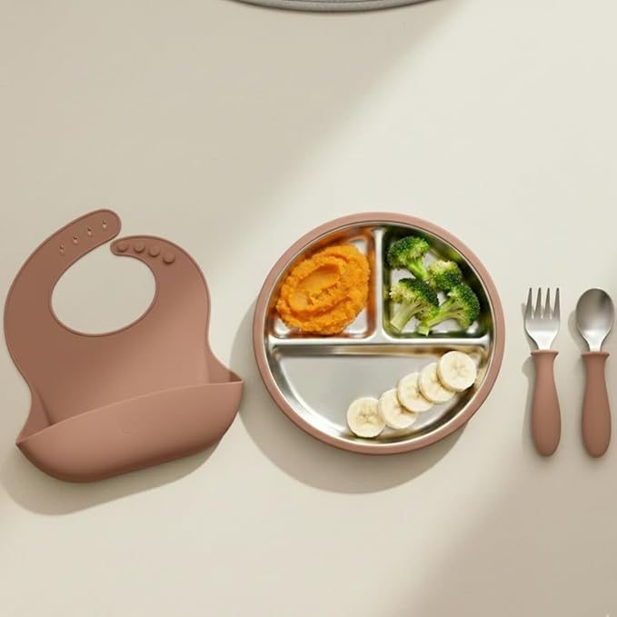Stainless Steel Toddler Feeding Set 4 Pieces – Suction Plate, Silicone Bib, Spoon & Fork – Divided Plates for Baby Led Weaning, BPA-Free, Removable Shell (Mocha Mousse)