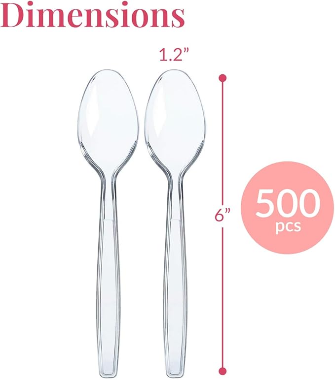 Prestee 500 Count Clear Plastic Spoons - 6 Inch Heavy Duty Plastic Spoons Disposable Bulk Pack - Elegant and Durable Clear Silverware Suitable for Events, Dinner, Banquets, Parties, and Gatherings