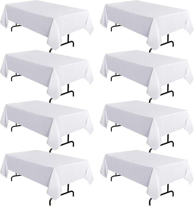 sancua 8 Pack White Tablecloth 60 x 102 Inch, Rectangle Table Cloth for 6 Feet Tables - Stain and Wrinkle Resistant Washable Polyester Table Cover for Dining Tables, Buffet Parties and Camping