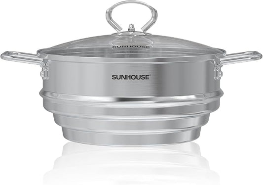 SUNHOUSE 5 Quart Stainless Steel Steamer Insert – Multi-Purpose Soup & Food Steamer with Stay-Cool Handles & Heavy-Duty Glass Lid – Fits Various Pot Sizes (8", 8.5", 9.5")