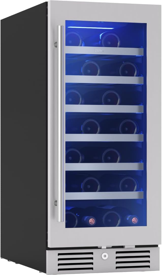 Zephyr Presrv 15 Inch Wine Fridge Single Zone Under Counter - Slim Narrow Wine Cooler Cellars Small Cabinet Wine Refrigerator Home Bar Chiller Freestanding with Glass Door - 27 x 750ml Bottles