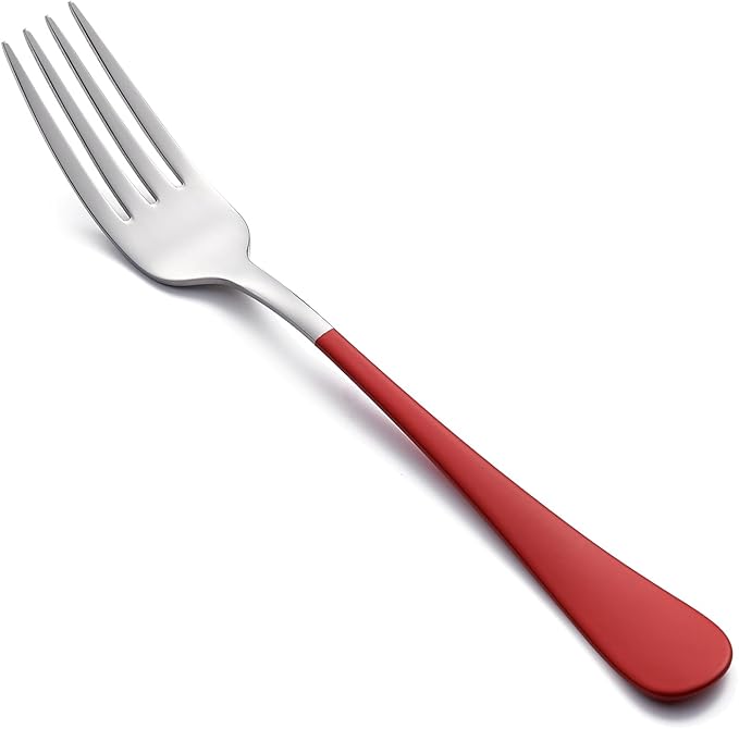 Red Dinner Fork, 18/0 Red handle Stainless Steel Satin Finish 8.1-inch Silverware Flatware Fork Set, Set of 24, Dishwasher Safe